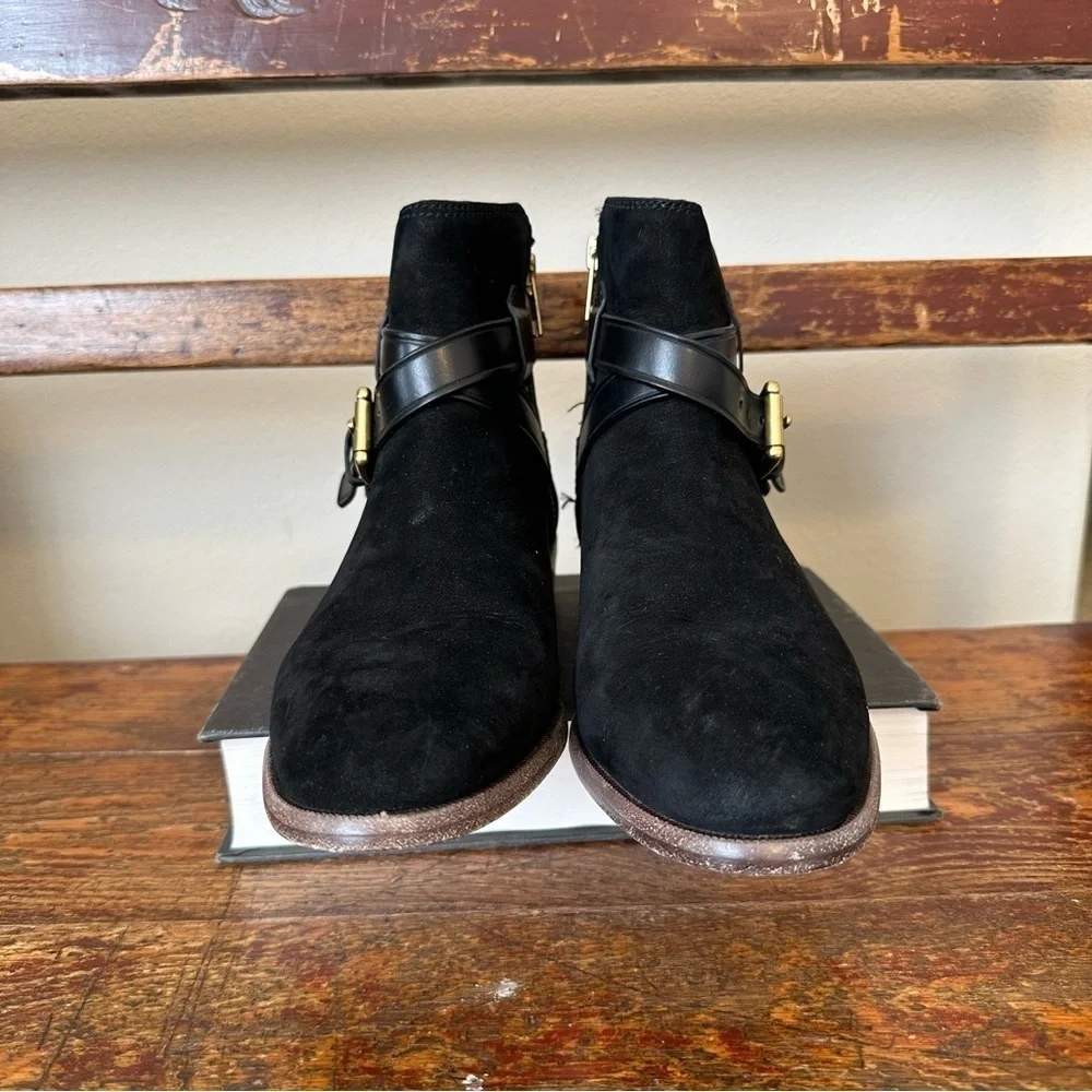 COACH Leoda Black Suede Buckle Ankle Booties Boots